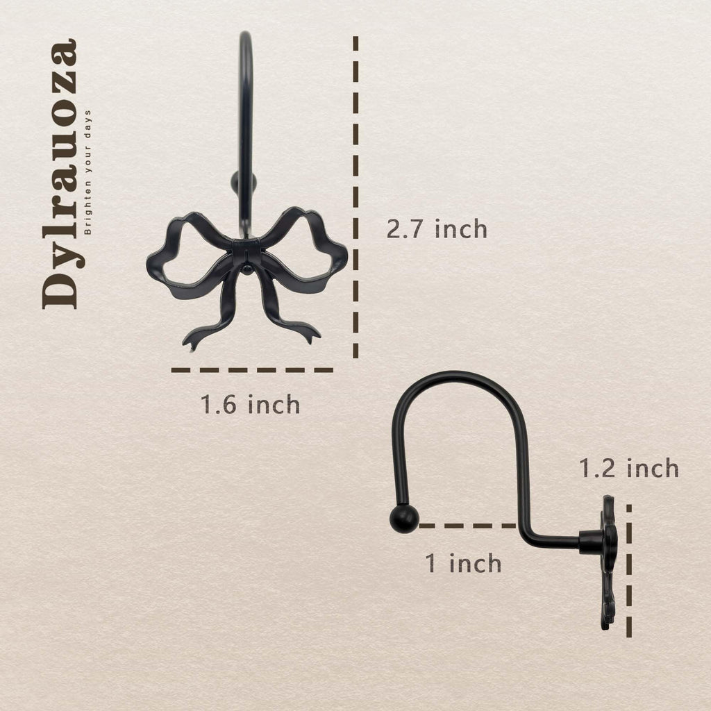 Dylrauoza Black Bow Shower Curtain Hooks, 12 Pack Decorative Metal Rust Proof Shower Curtain Rings for Bathroom, Elegant Cute Curtain Hangers for Standard Shower Rods