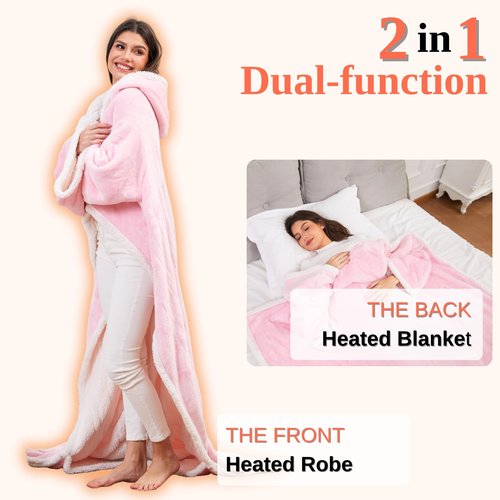 Klaggie Wearable Heated Blanket with Foot Pocket Sleeves, Heated Robe Heated Snuggie, 6 Heating Levels 4 Hours Auto-Off, Overheat Protection Machine Washable, 50”x70”, Pink