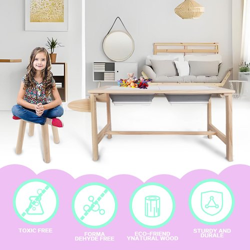 QEKMSY Kids Sensory Bins Table with 2 Stool, Multifunctional Children Interactive Activity Wooden Table Set for 1-3 Years, Drawing Table Play Sand & Water with Storage Bins Lid