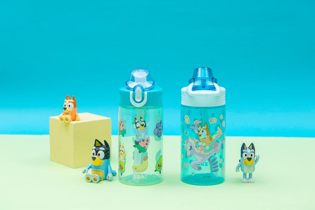 Zak Designs Bluey Sage Kids Water Bottle - 16oz Durable Plastic with Straw & Leak-Proof Cover | 2-Pack Set