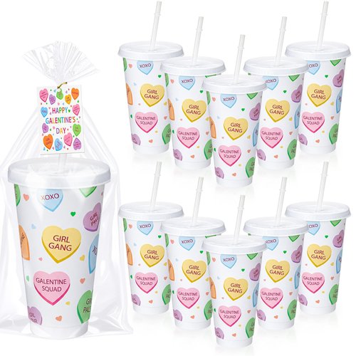 Potchen 12 Sets Galentines Day Party Favors Gifts 24oz Conversation Hearts Tumbler with Lid and Straw Plastic Cup Bulk Galentines Valentine Gifts for Coworkers Women Girl Gang Valentine Party Supplies