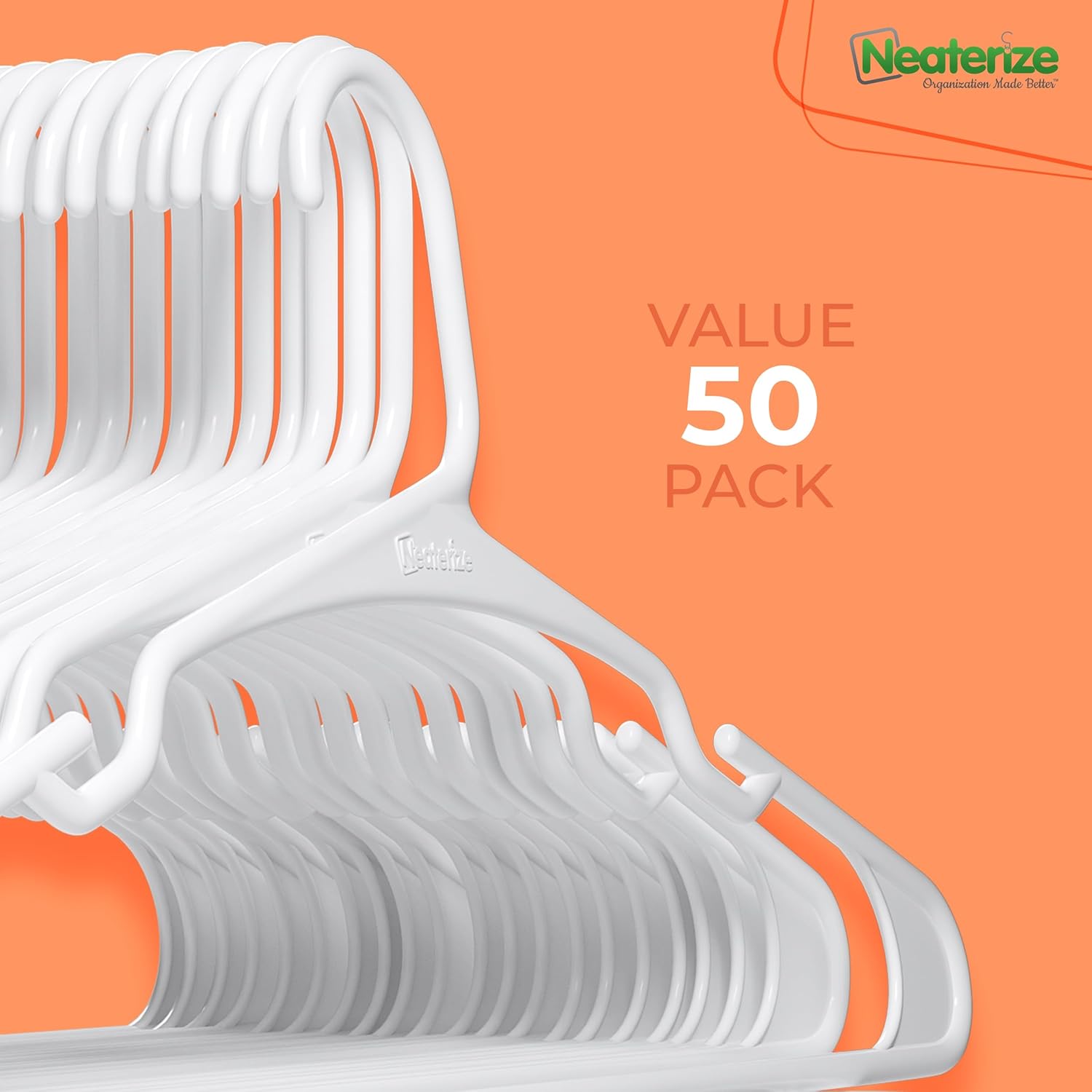 Neaterize Plastic Clothes Hangers - 50 Pack Space-Saving Adult Coat Hangers | White Color