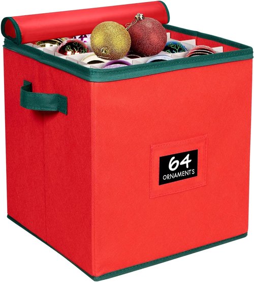 HOLDN’ STORAGE Christmas Ornament Storage Box - Adjustable Compartment for 64 Ornaments | Red 3” x 3”