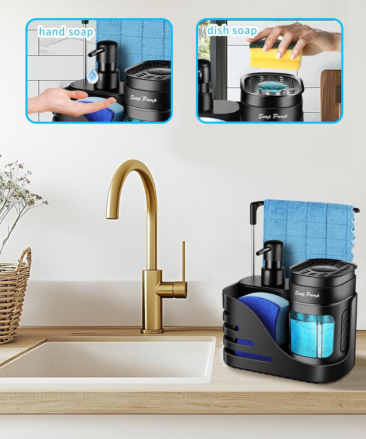 Skiennix Kitchen Soap Dispenser Set - 4-in-1 Dual Soap & Sponge Holder | Black