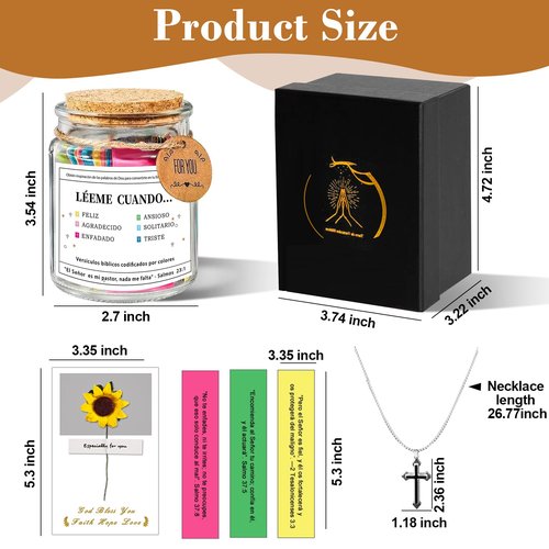 Spanish Bible Verse Jar, Scripture Prayer Read Me When bible verses Jar, Frasco Tarro de Versículos Bíblicos en Español, Regalo Cristiano para Mujer, with Handwritten Greeting Card & Cross Necklace