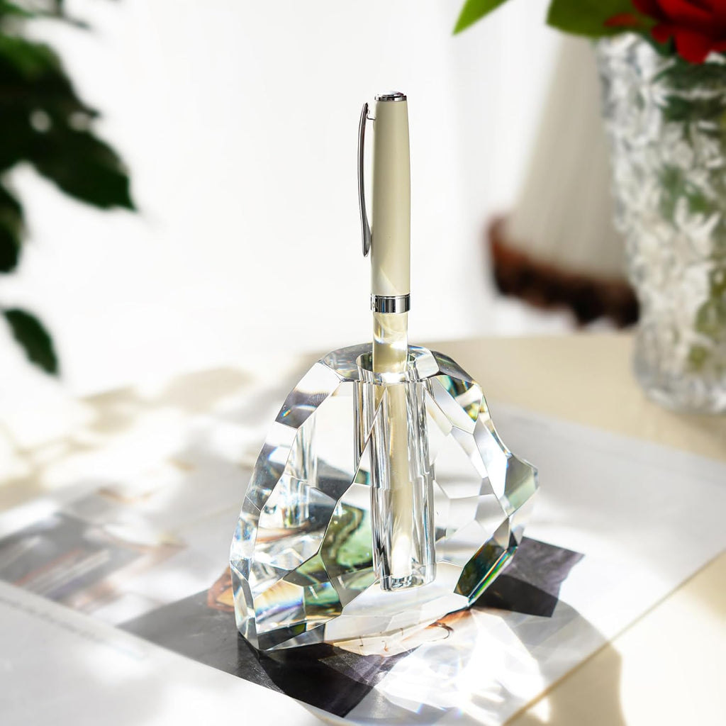 QFkris Crystal Heart Shaped Pen Holder - Elegant Glass Feather Desk Organizer | 3.5" Fountain Pen Stand