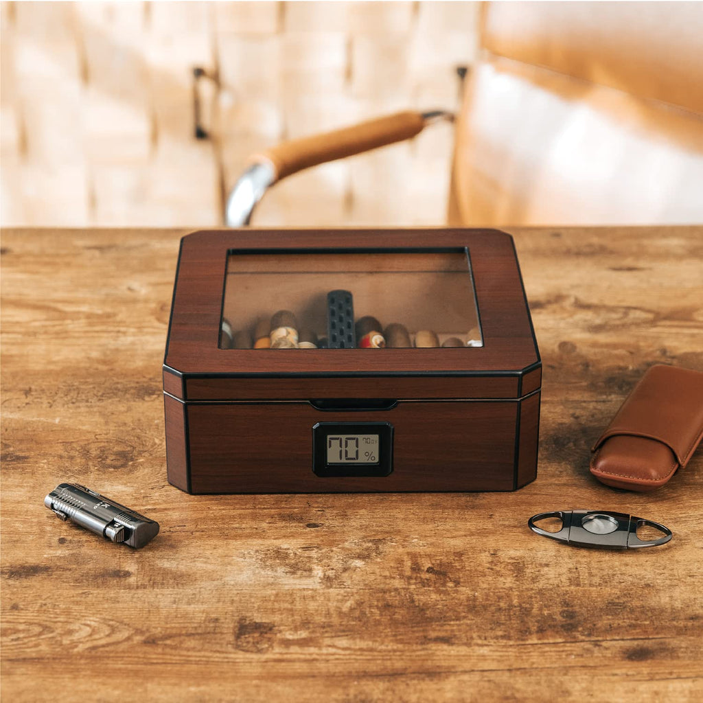CASE ELEGANCE MAG Cigar Humidor, Walnut Finish, Holds 20-30 Cigars, Glass Top with Magnetic Seal, Octagon Shape, Digital Hygrometer, Spanish Cedar, New Hydro Channel