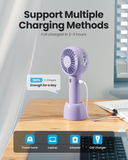 Gaiatop Mini Portable Fan - Lightweight USB Rechargeable Handheld & Desktop Fan | Cute Purple Design