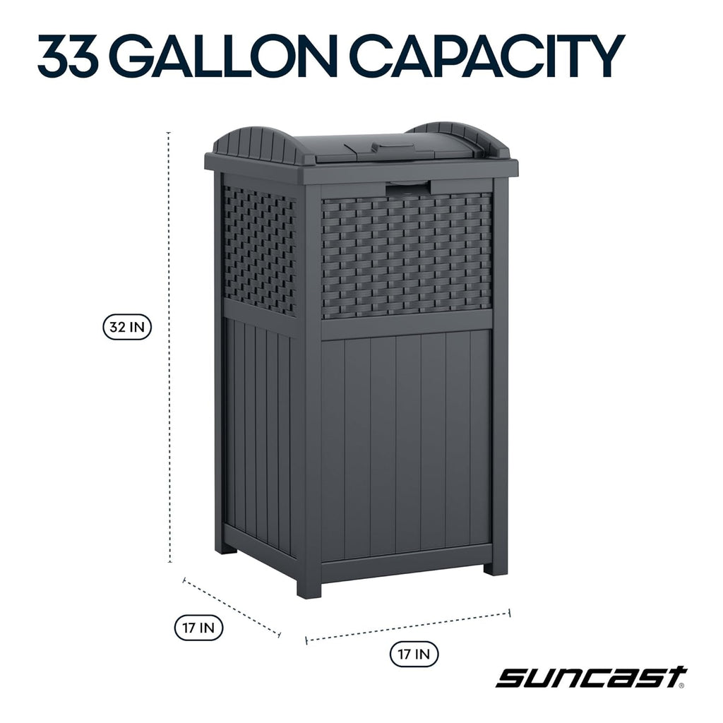 Suncast 33 Gallon Wicker-Style Trash Can - Secure Latching Lid & Weather-Resistant Design | Cyberspace Grey