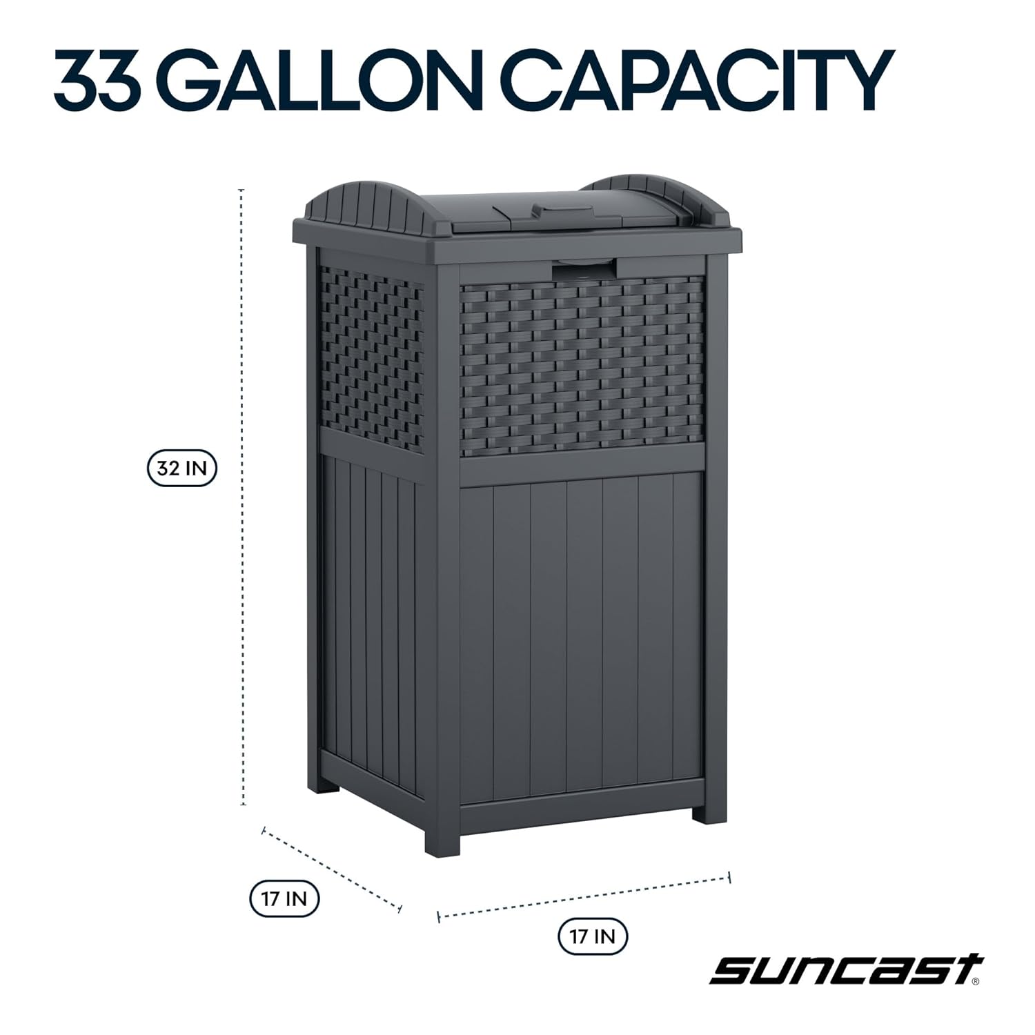 Suncast 33 Gallon Wicker-Style Trash Can - Secure Latching Lid & Weather-Resistant Design | Cyberspace Grey