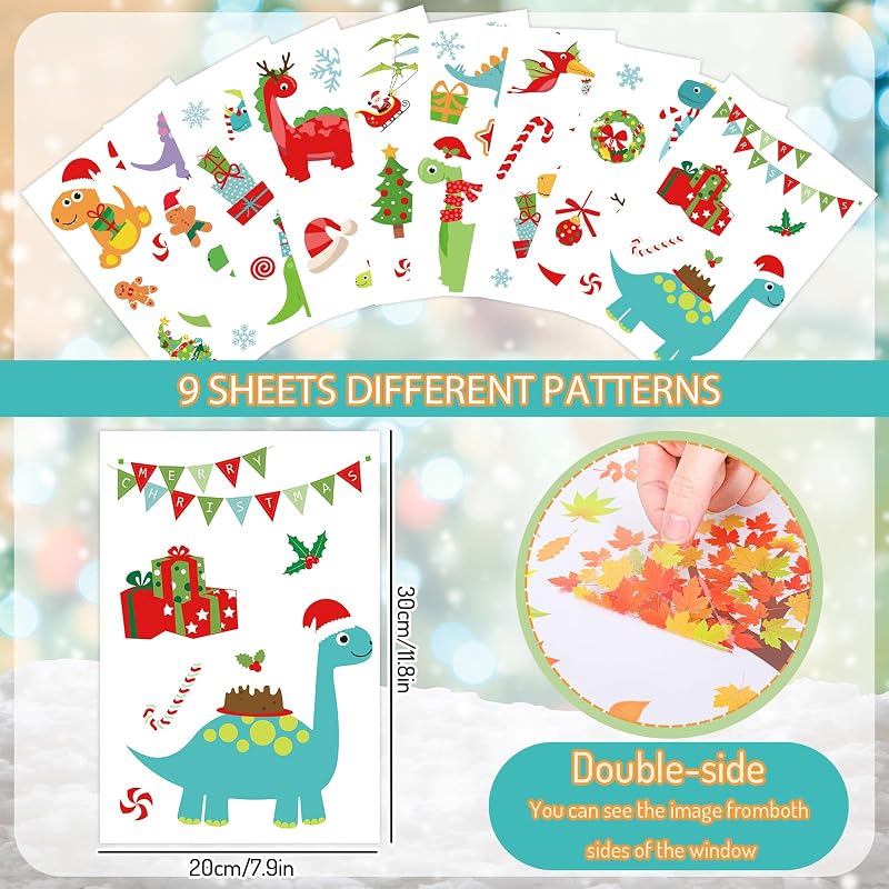 Christmas Window Clings Set - 9 Sheets Dino & Snowflake Reusable Window Decals