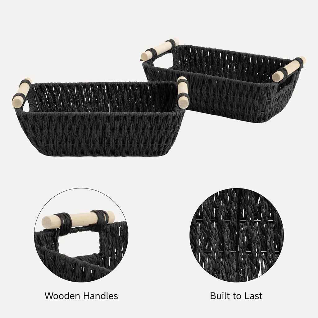 StorageWorks Black Wicker Storage Baskets - Small Woven Organizers with Wooden Handles | 2-Pack