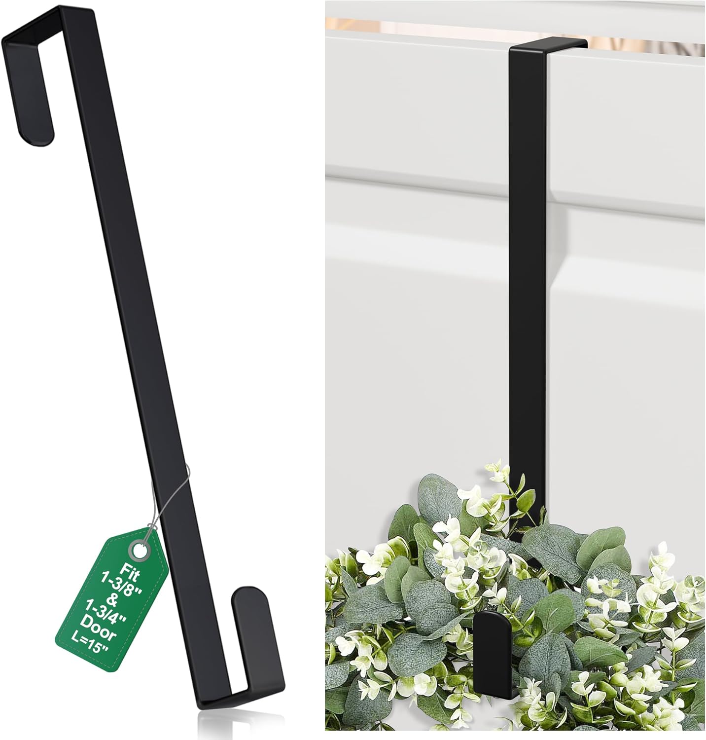Skiennix 15" Reversible Wreath Hanger - Heavy Duty Steel Over The Door Hook, Holds Up to 80 LBS (Black)