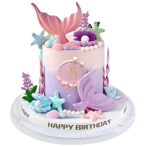 21pcs Mermaid Cake Topper - Mermaid Tail Cake Decorations with Seaweed Shells Starfish Coralal Under the Sea Cake Decorations for Birthday Party Decorations (Pink Purple)