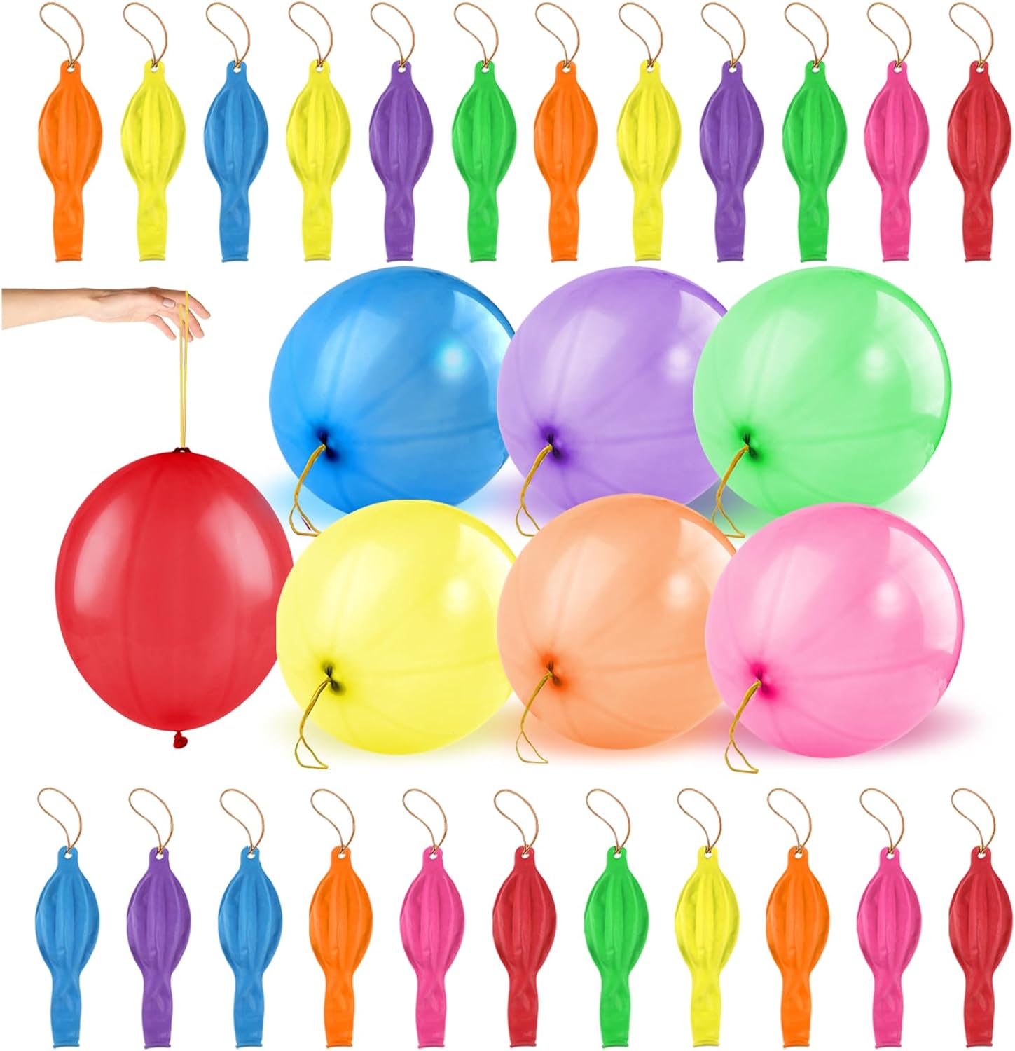 Skiennix Punch Balloons - 30pcs Thickened Neon Heavy-Duty Balloons with Rubber Band Handles for Parties & Favors