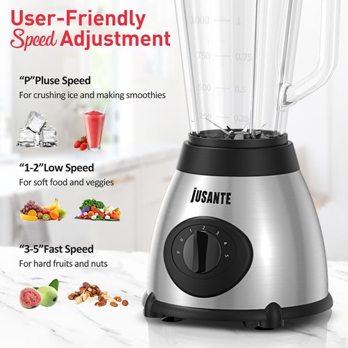 JUSANTE Blender for Smoothies, 1000W Glass Blender for Kitchen Countertop with 48oz Glass Jar Ice Crusher or Juice, Milkshake, Dessert