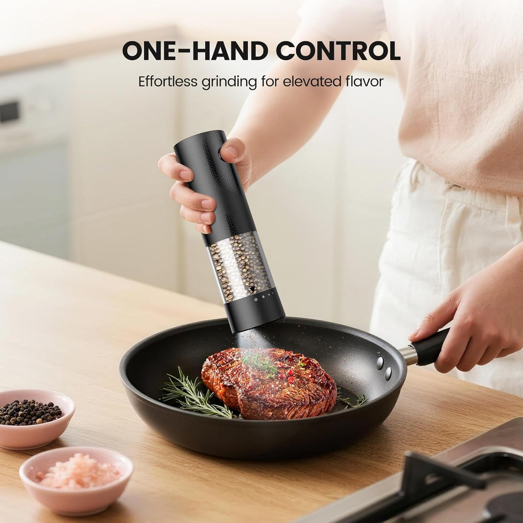 Skiennix Electric Salt and Pepper Grinder Set - Rechargeable Automatic Shakers with Adjustable Coarseness | 2-Pack Black/White