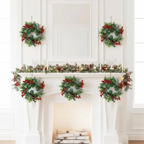 Daifunli Mini Wreaths - 8 Inch Christmas Candle Rings with Artificial Red Berries & Eucalyptus | Perfect for Home Decor