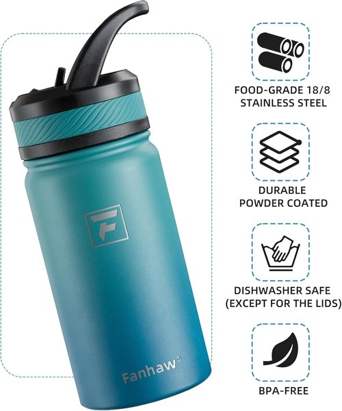 Fanhaw Insulated Kids Water Bottle - 14 Oz Stainless Steel, Leak-Proof, BPA-Free | Green Blue