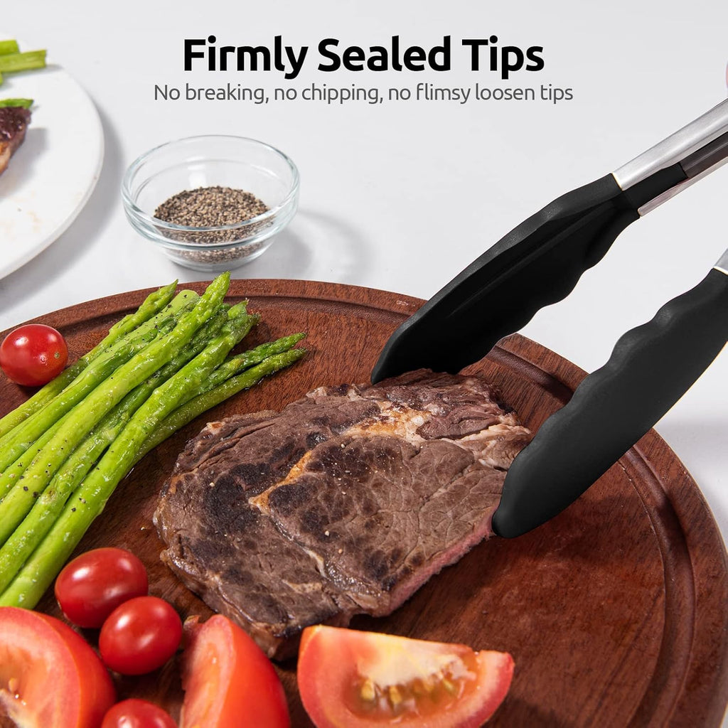 U-Taste 9-Inch Silicone Cooking Tongs - 600ºF Heat Resistant with Non-Stick Tips & Stainless Steel Handle | Black