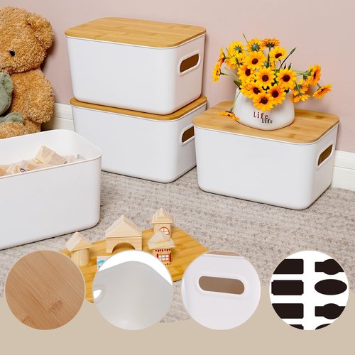 Citylife Storage Bins - Stackable 7QT Plastic Organizer Boxes with Bamboo Lids | 4 PCS, 10" L x 7" W x 5.8" H