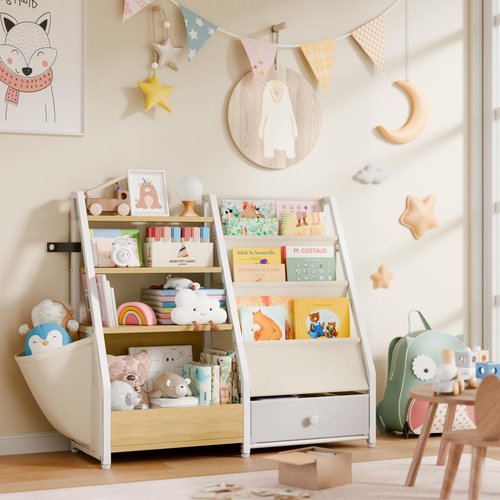 HAVLOTII Kids Bookshelf and Toy Storage - Book Shelf for Kids Rooms, Toddler Bookshelf Baby Bookcase for Nursery, Montessori Toy Organizer, Burlywood