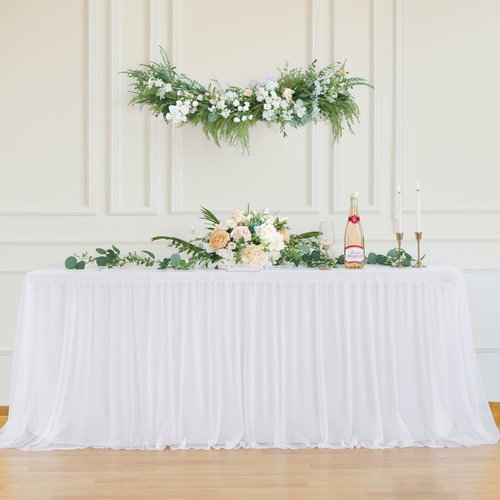 4 Pack White Tulle Tablecloths for 6 Foot Rectangular Tables, 72 x 30 Inch White Rectangle Table Cloth, Wrinkle Free Table Cover with Tutu Skirt for Wedding Birthday Party Banquet Buffet Decorations