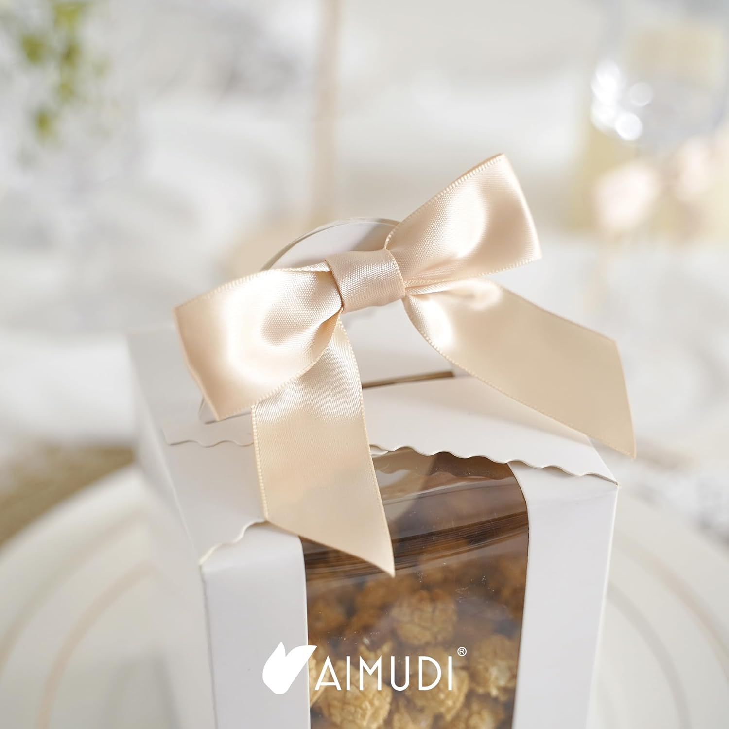 AIMUDI Champagne Gift Wrapping Bows - 3.5" Pre-Tied Small Christmas Tree Bows | 50 Count for Crafts & Decorations