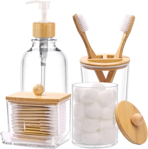 Bamboo Bathroom Accessories Set - 4-Piece Clear Toothbrush Holder & Soap Dispenser | Qtip Container