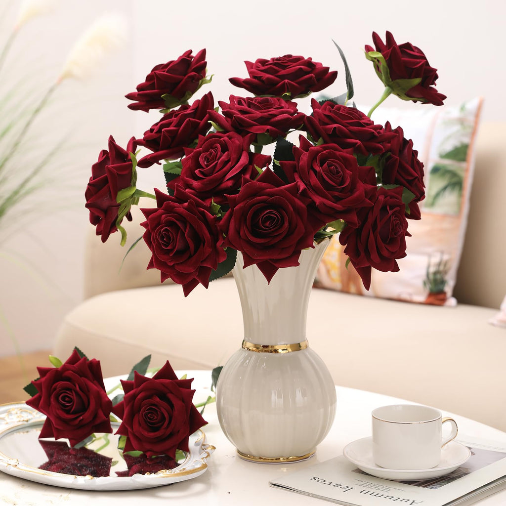 Floweroyal 15PCS Burgundy Roses, Artificial Flowers 4.33" Velvet Flowers with Long Stem Fake Roses for Mom, Wife, Anniversary Birthday Valentine's Day Gift for Women