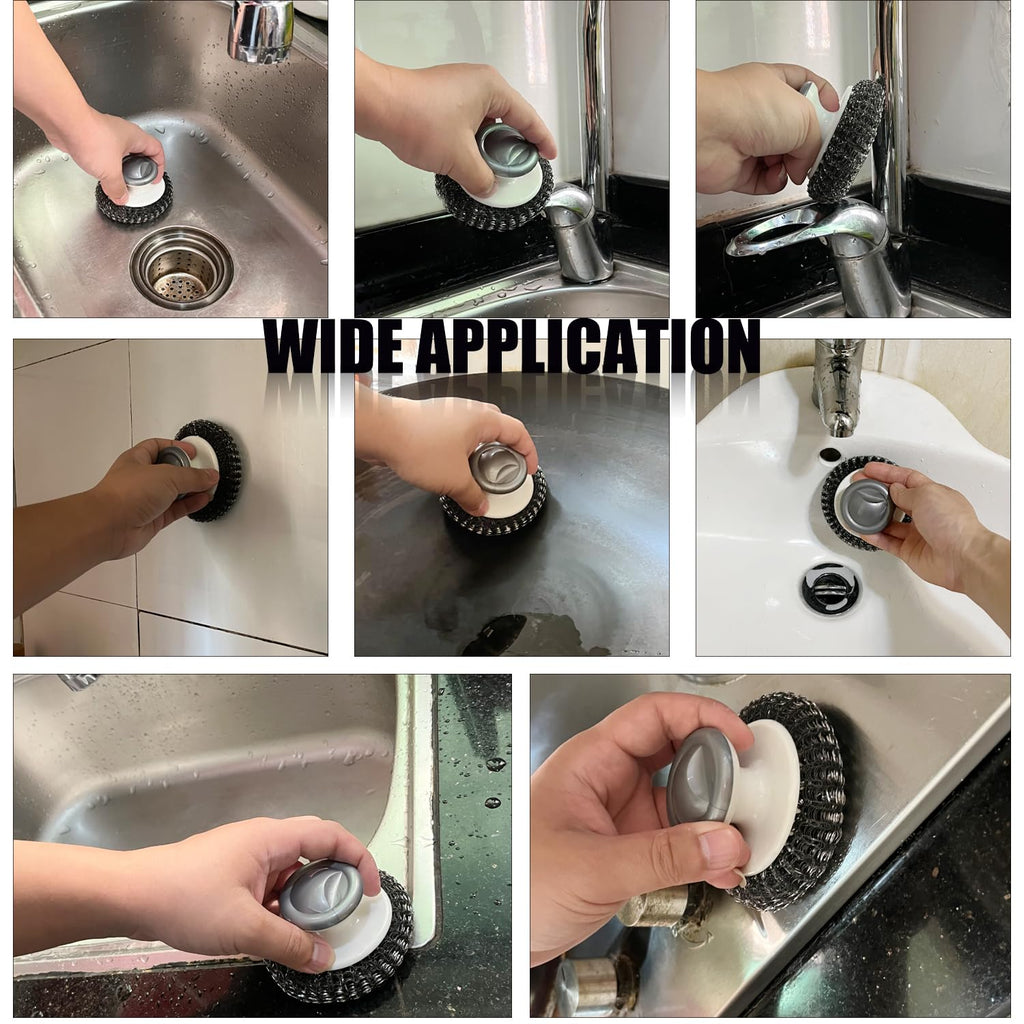Stainless Steel Wool Scrubber with Handle, Heavy Duty Dish Scrubber, Steel Brush for Cleaning Pots, Pans, Grills, Sink (4 Pack)