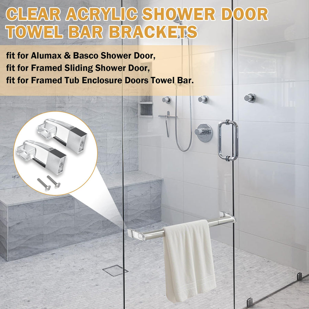 Clear Acrylic Shower Door Towel Bar Brackets with Bright Chrome Sleeve Replacement for Alumax/Basco Framed Sliding Shower Door Towel Rod Sliding Doors Replacement Parts-Towel Bar NOT Included (Silver)