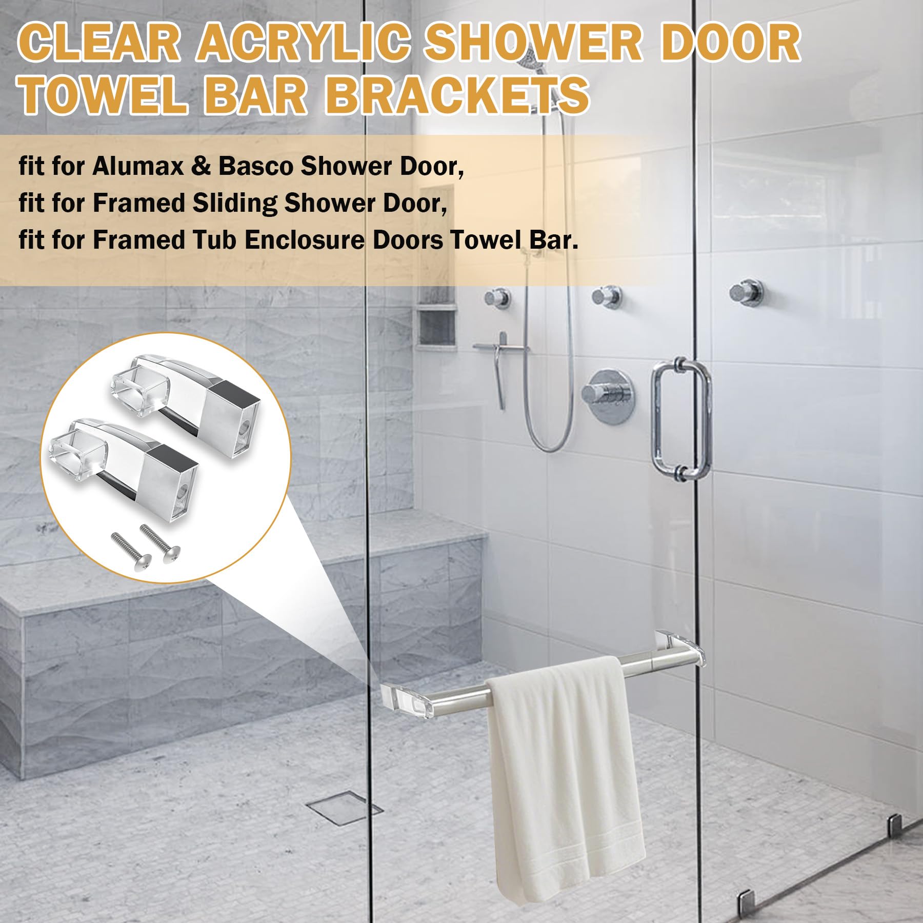 Clear Acrylic Shower Door Towel Bar Brackets with Bright Chrome Sleeve Replacement for Alumax/Basco Framed Sliding Shower Door Towel Rod Sliding Doors Replacement Parts-Towel Bar NOT Included (Silver)