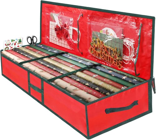 Gift Wrap Organizer by Holiday Essentials - Durable Plastic Storage Bags for Christmas Supplies | Red