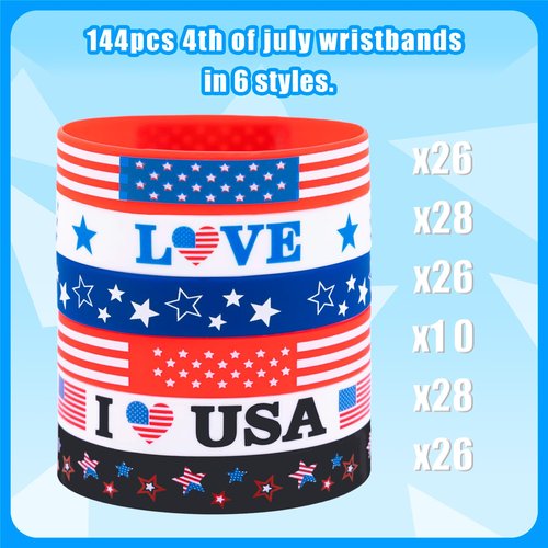 Moon Boat 144PCS 4th/Fourth of July Accessories Party Favors: Patriotic Silicone Rubber Bracelets Bulk USA Flag Wristbands American Memorial Day Decorations Gifts Supplies