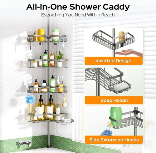 HAMITOR Shower Caddy - 4-Tier Rustproof Bathroom Organizer with Soap Holder & Hooks | Adjustable No-Drill Design (47-123 Inch)