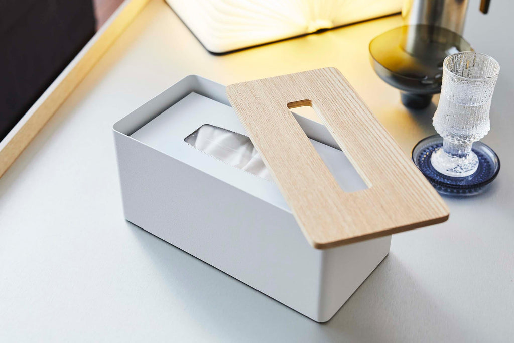 Yamazaki Home Rin Reusable Tissue Box Cover Metal Holder Container Case with Natural Wooden Lid - Steel