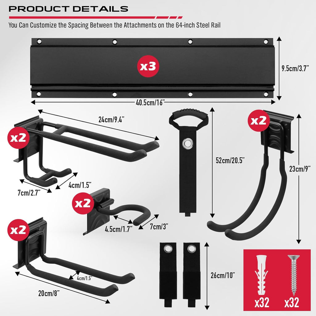 SEDY 48" Heavy Duty Garage Wall Organizer - Adjustable Tool Storage Rack Holds Up to 300lbs | Easy Install with 8 Hooks & 3 Rails