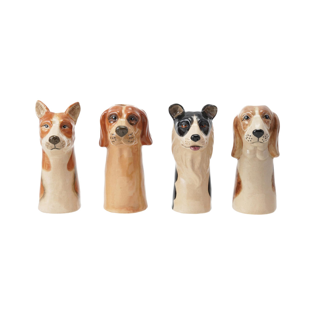 Creative Co-Op 4-Piece Hand-Painted Stoneware Dog Head Vase, Multicolor