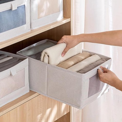 Linen Closet Organizers - 12 Pack Foldable Storage Bins with Clear Window for Clothing & Jeans