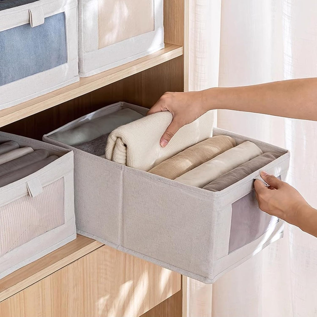 Skiennix Linen Closet Organizers - 10 Pack Foldable Storage Bins with Clear Window for Clothing & Jeans