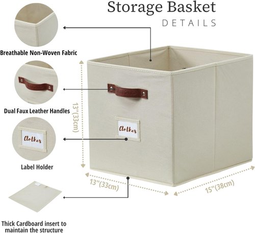 DECOMOMO Storage Baskets - 13x15x13 Cube Bins with Labels for Organized Shelves | Beige (Set of 4)