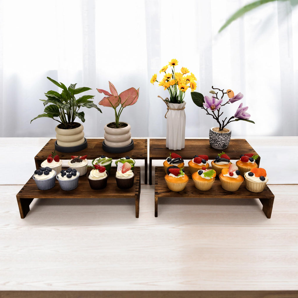 Yikaroeli 4Pcs Large Display Riser Wood Risers Cupcake Display Stand 2 Tier Racks Rectangular, 2 Set Perfume Decorative Display Dessert Stands for Vendors Event (Large/2Pack Brown)