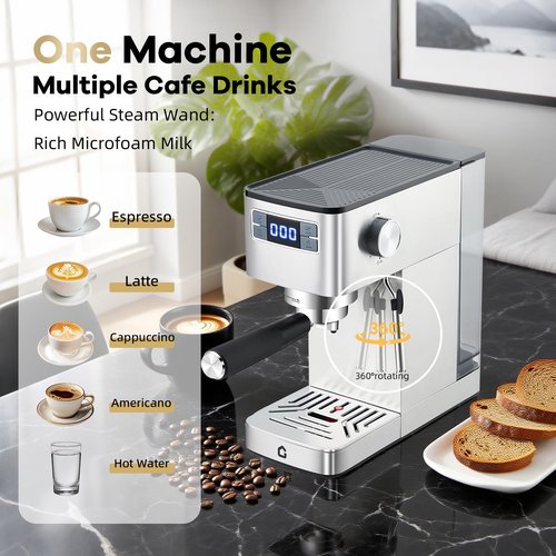 GarveeHome Compact 20 Bar Espresso Machine–Stainless Steel, Steam Milk Frother, Removable Tank for Cappuccino/Latte,(Silver)