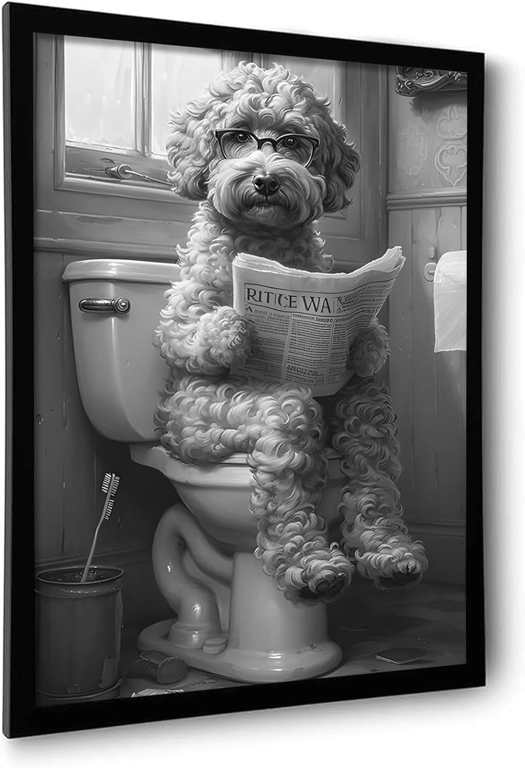 OIQArt Funny Bathroom Wall Art - Black & White Teddy Dog Canvas Print | Modern Minimalist Decor