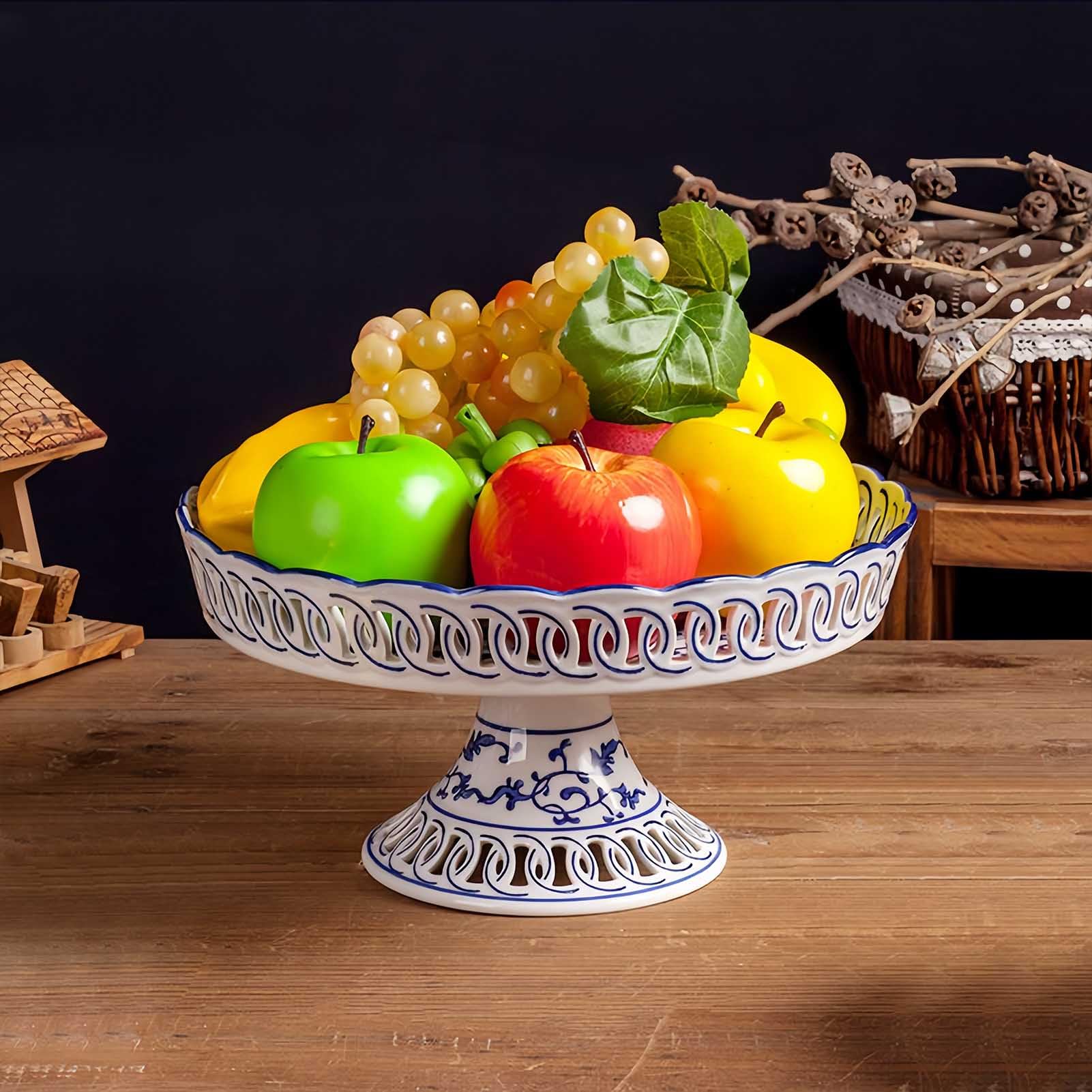 YYMayLsh Decorative Porcelain Fruit Bowl with Pedestal, Blue and White Floral Pattern, 11x5.7 inches