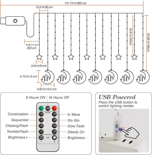 Lewondr Curtain String Lights - 138 LED Moon & Star Fairy Lights with Remote Control | USB Powered, 8 Modes, Orange