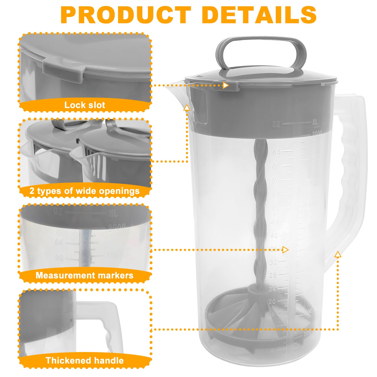 1 Pack Mixing Pitcher for Drinks, 2 Quart/ 64oz Plastic Water Pitcher with Lid，Easy-Mix Juice Container，Angled Plastic Blades and Adjustable Mixer Plunger for Mix Juice, Milk,Tea, Beverage Container…