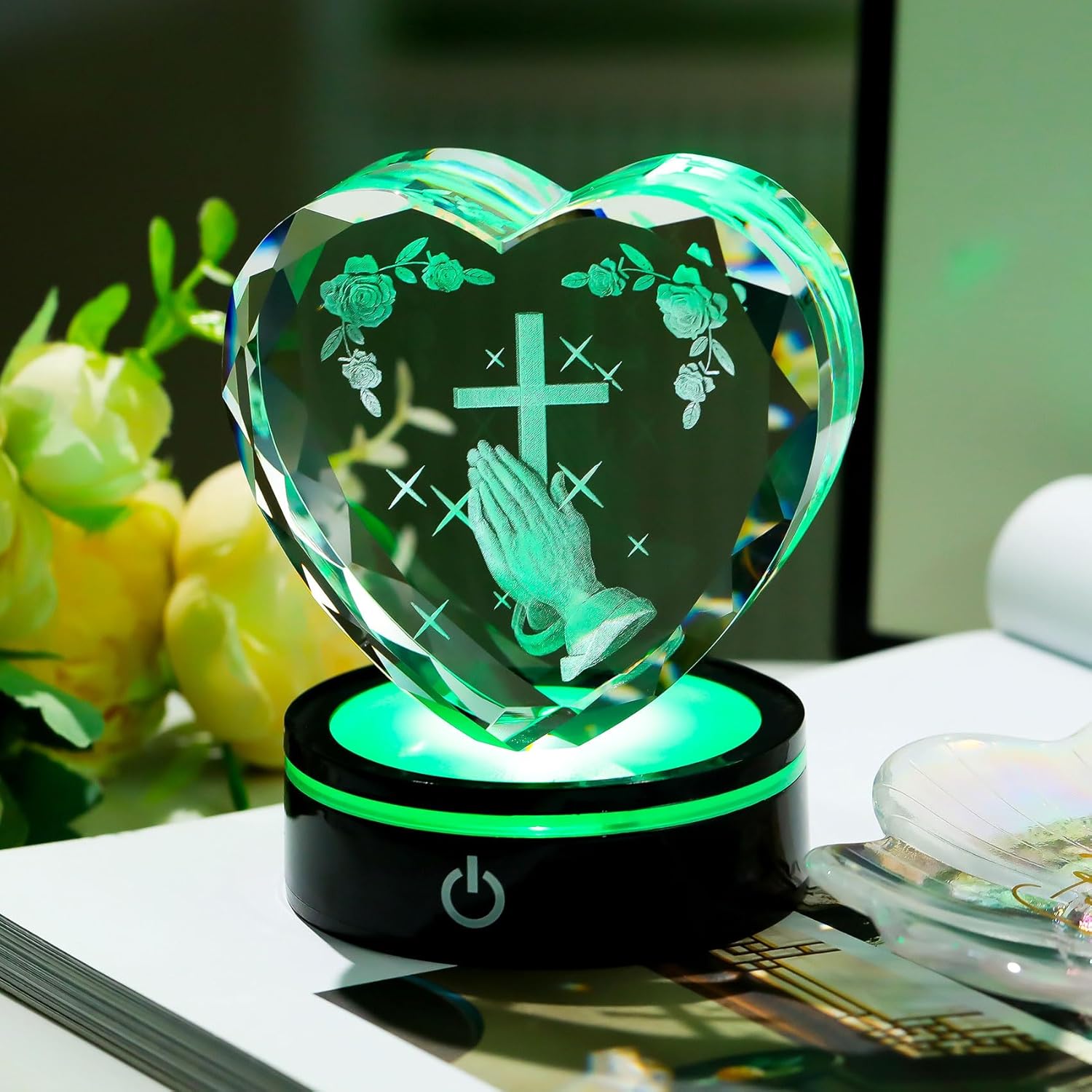 Ornalrist Crystal Heart 3D Praying Hands | Colorful LED Base Night Light Gift for Men & Women