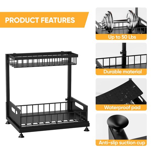 Saydear Under Sink Organizer Storage 2-Tier Premium Metal Pull-Out Kitchen Cabinet Organizer with Sliding Drawer, Height Adjustable, Heavy Duty for Kitchen & Bathroom Organizers 2 Pack Black